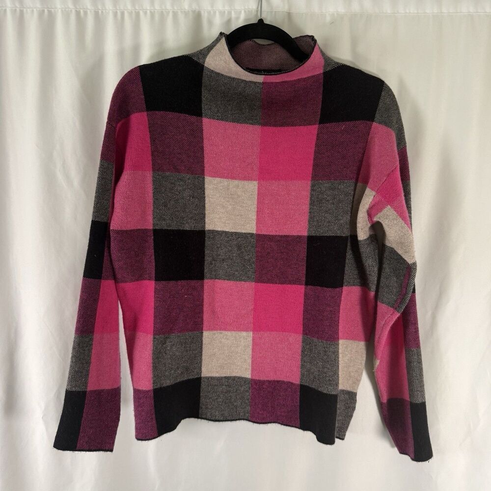 Tahari Mockneck Sweater Women's Small Pink Black Plaid Pullover Long Sleeve Soft